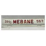 1951 Mebane, NC City License Tag with Embossed Let