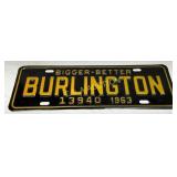 1963 Burlington City Tag License Plate with ï¿½Bigge