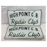 Two ï¿½High Point C.B. Radio Clubï¿½ Front License Tag