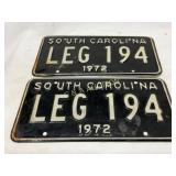 1972 South Carolina License Plates ï¿½LEG 194ï¿½