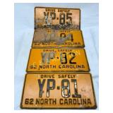 Four 1962 North Carolina License Plates with Seque