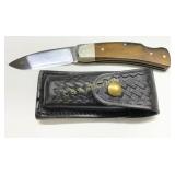 USA Folding Knife with Wood Handle and Leather Sh