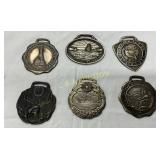 Six Vintage Metal Luggage Tags with Various Design