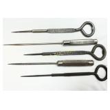 Five Vintage Metal Ice Picks With Advertising Hand