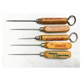 5 Vintage Wood-Handled Ice Picks with Coca-Cola an