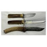 Three Fixed Blade Knives with Stag Handle and Antl