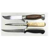 Three Fixed-Blade Knives With Wood, Bone, and Synt