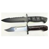 Two Fixed-Blade Knives with Black Handles and Serr