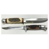 Two Fixed-Blade Knives with Stag-Style Handles