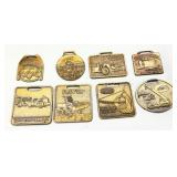 Eight Embossed Brass Belt Buckles Featuring Constr