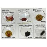 Six Vintage Tobacco Tin Tags in Protective Display