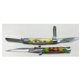 Two Decorative Folding Knives with Multicolored Ha