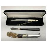 Three Knives Including Folding, Fixed-Blade, and S
