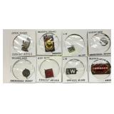 Eight Tobacco Tags Featuring Various Brands and De