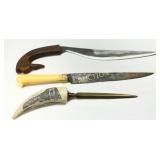 Three Knives with Wooden, Metal, and Engraved Hand