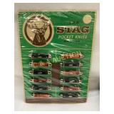Easel-Back Stag Pocket Knife Display with 12 Knive
