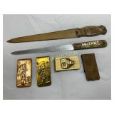 Brass and Metal Letter Openers and Money Clips wit