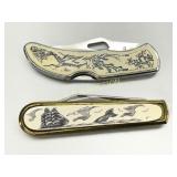Two Folding Pocket Knives with Scrimshaw-Style Han
