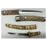 2 Decorated Knives with Sheaths Featuring Engraved