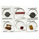 Six Vintage Metal Advertising Buttons and Pins wit