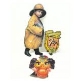 Three Vintage Cardboard Cutouts: Child in Raincoat