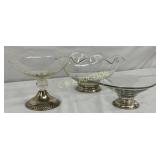 Three Glass Dishes with Sterling Silver Bases, 6in