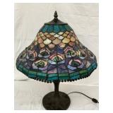 Stained Glass Table Lamp with Peacock Feather Moti