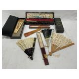 Vintage Hand Fans with Lacquered Boxes and Decorat