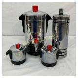 Four-Piece Chrome Beverage Serving Set with Red Ac