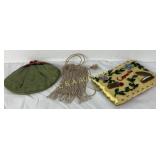 Three Purses: Green Suede, Beaded Fringe, and Embr