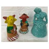 Two Painted Clay Cow Bells and a Glazed Pottery La