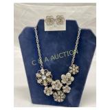 Silver-Tone Floral Necklace and Earring Set with R