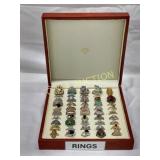 45 Costume Jewelry Rings in Display Case