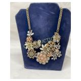 Gold-Tone Floral Statement Necklace with Rhineston