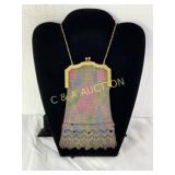 Gold-Tone Frame Chain Mail Purse with Floral Desig