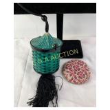 Green Woven Basket-Style Compact with Tassel and R