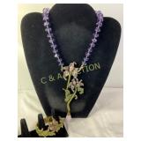 Purple Crystal Necklace and Green Enamel Floral Br
