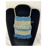 Beaded Evening Bag with Silver and Blue Striped De
