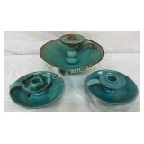 Three Early Cole Pottery Candleholders with Blue G
