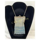 Silver-Plated Mesh Evening Bag with Blue and White