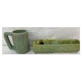 Green Textured Pottery Mug and Rectangular Dish