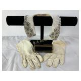 Beaded Collar, Leather Gloves, and Metal Hinged Ca
