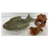 Three AR Cole Pottery Pieces: Fish Dish, Bird Whis
