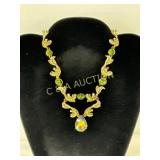Gold-Tone Necklace with Green and Iridescent Rhine