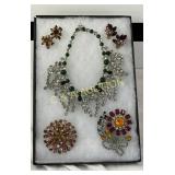 Costume Jewelry Set Featuring Necklace, Brooches,
