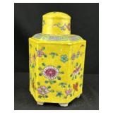 Chinese Famille Rose Yellow Hexagonal Lidded Jar