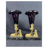 Pr Amethyst Glass & Gilt Figural Trumpet Vases