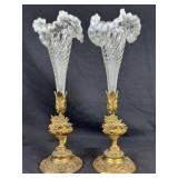 Pr Spiral Ruffled Glass Epergne Gilt Trumpet Vases