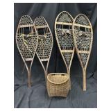 Vintage Snowshoes & Wicker Pack Basket 5pc Lot