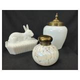 3 Milk Glass Pcs: Rabbit Box, BiscuitJar & Perfume